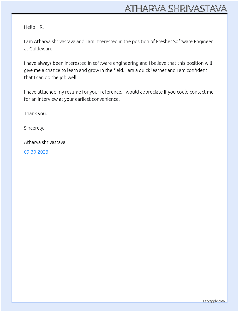 Fresher Software Engineer At Guideware Cover Letter