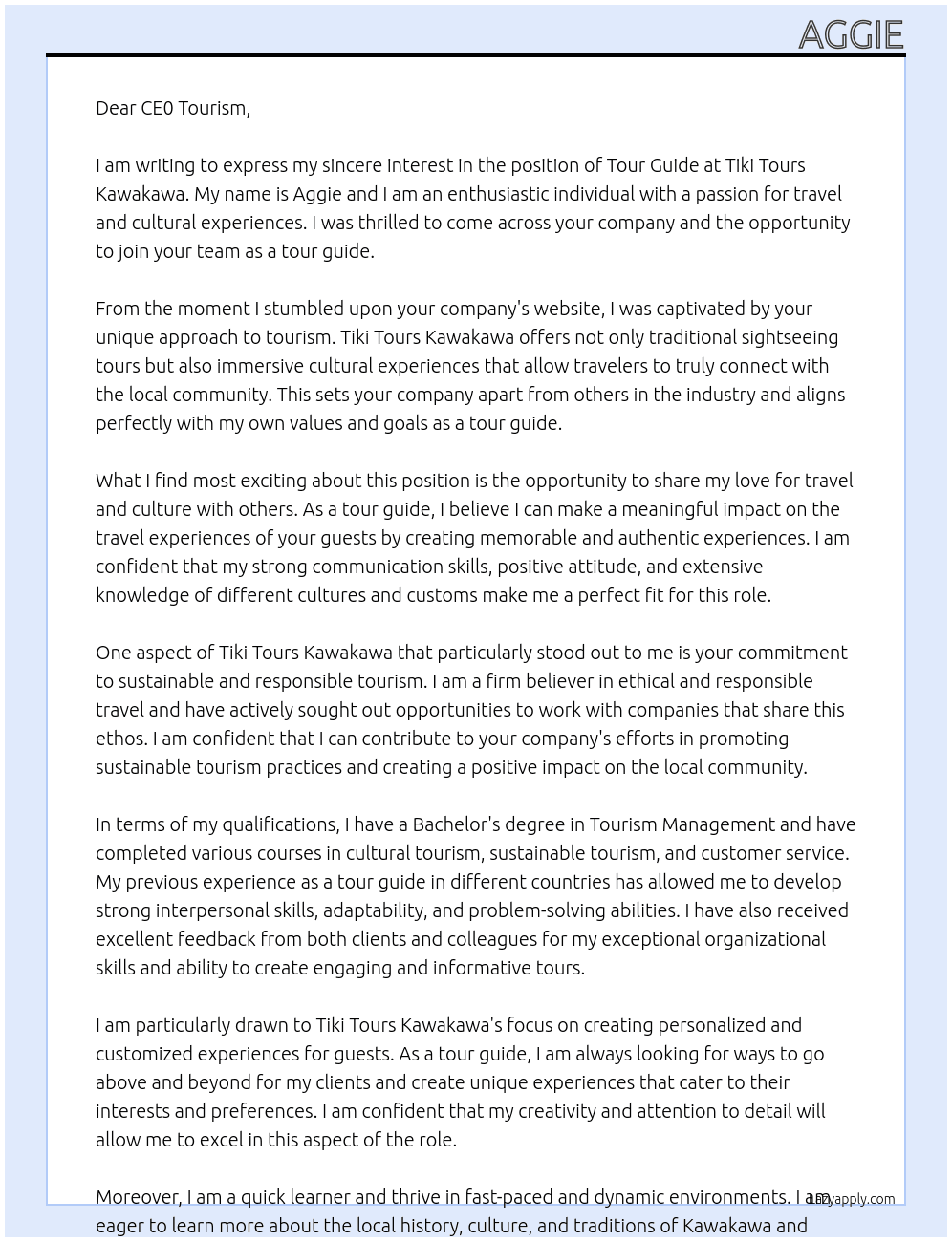 tour guide At tiki tours Kawakawa Cover Letter