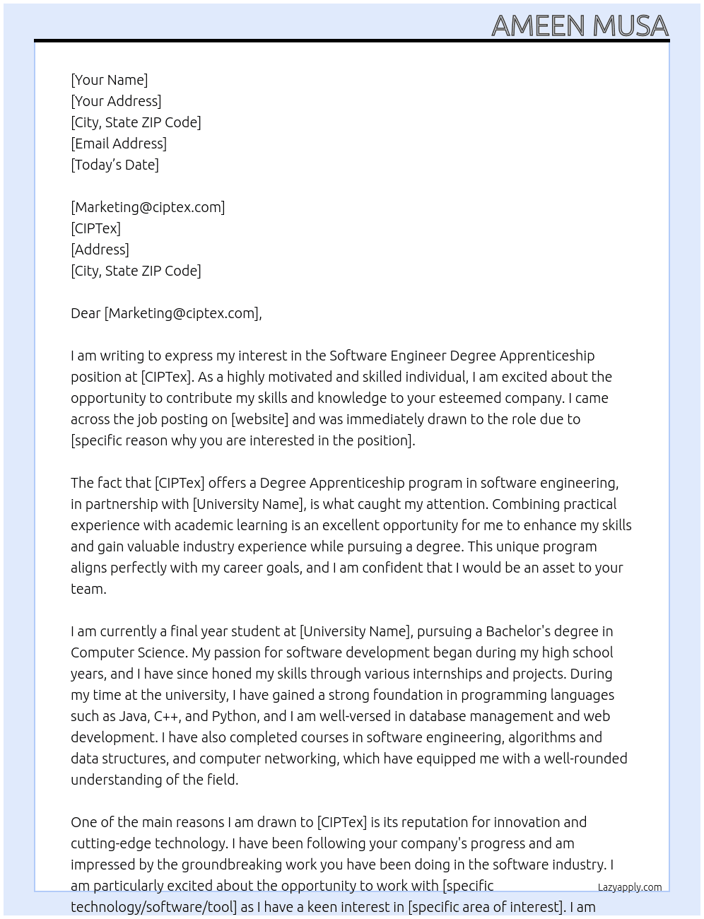 Software Engineer Degree Apprenticeship At Manchester University Cover Letter