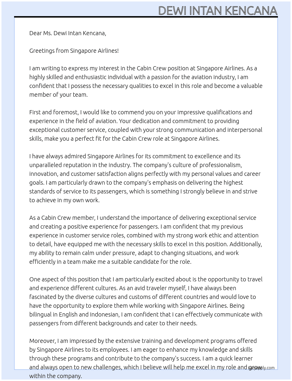 cabin crew At aingapore airlines Cover Letter