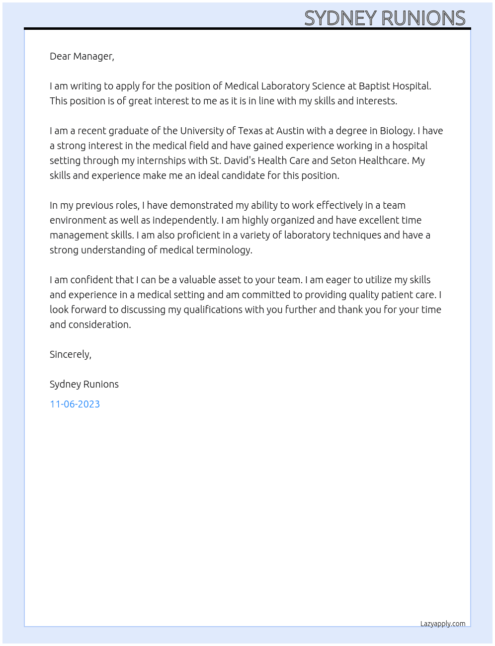 Medical Laboratory Science  At Baptist Hospital  Cover Letter