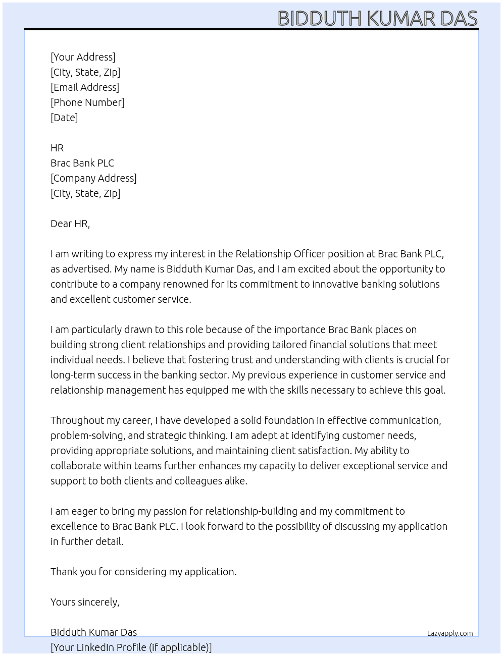 Relationship officer At Brac Bank PLC Cover Letter