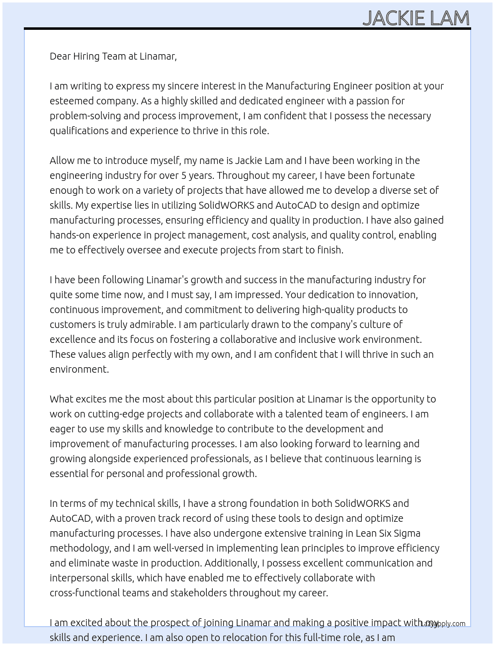 Manufacturing Engineer At Linamar Cover Letter