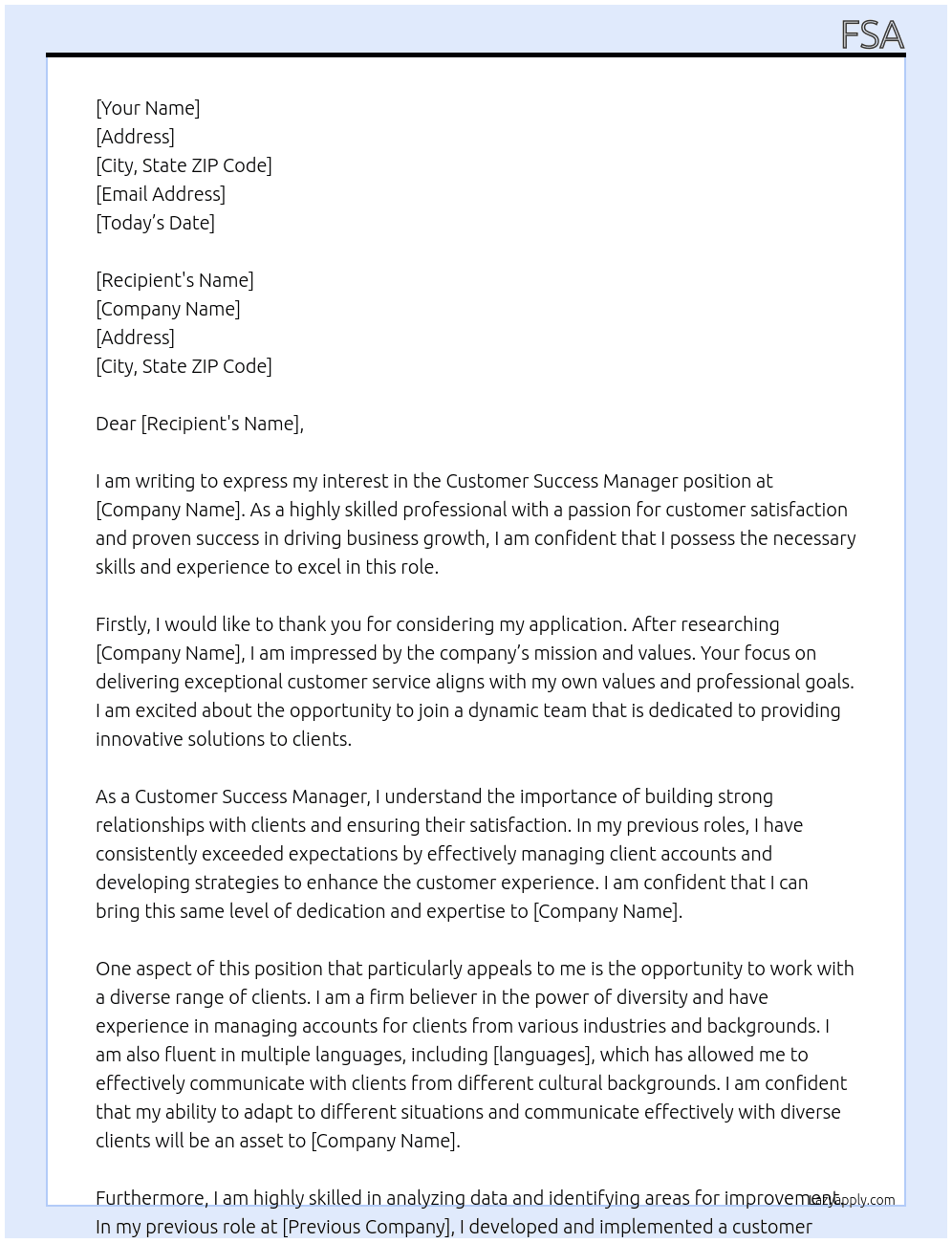 Customer Success Manager At fa Cover Letter