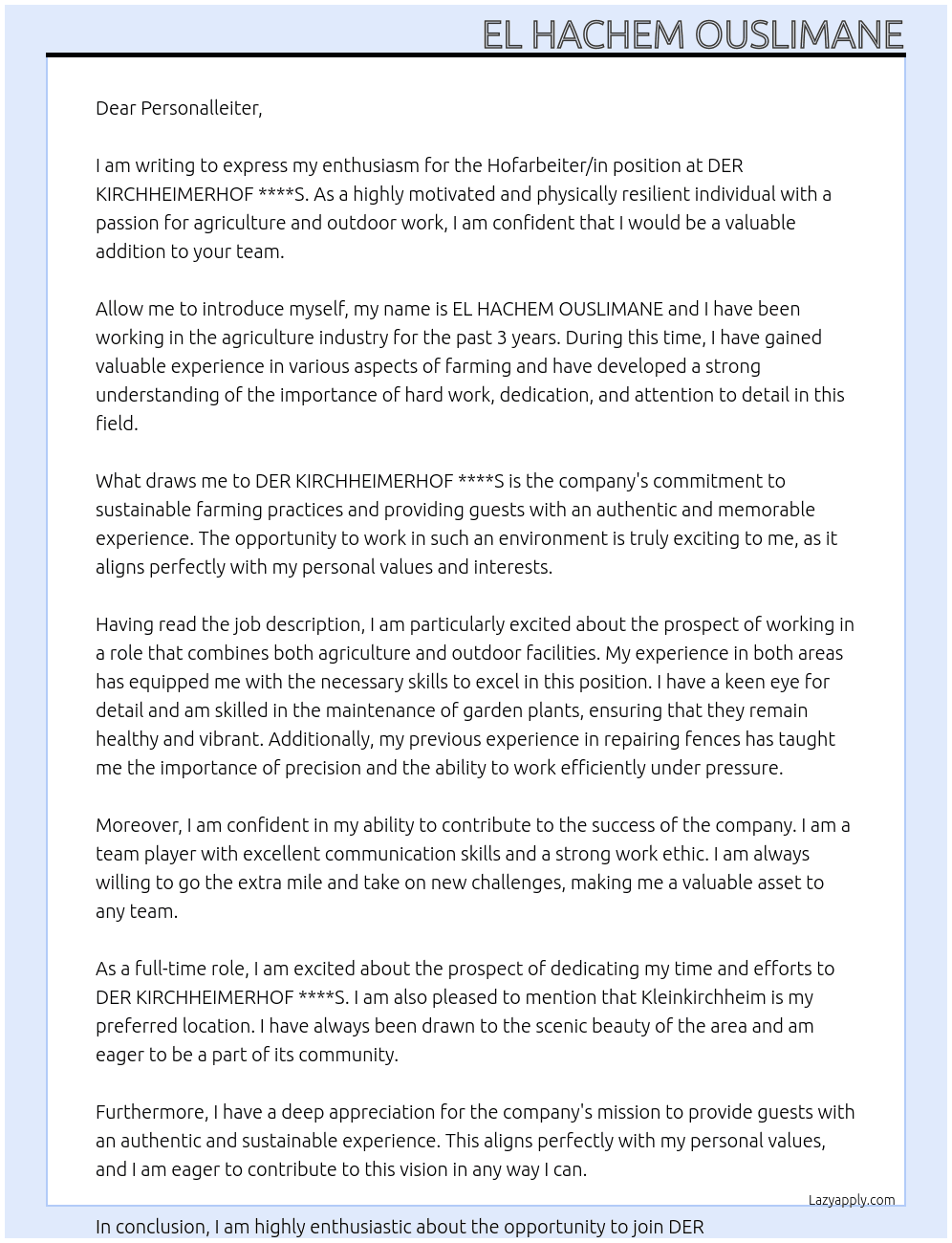 Hofarbeiter/in (Landwirtschaft) At  DER KIRCHHEIMERHOF ****S Cover Letter