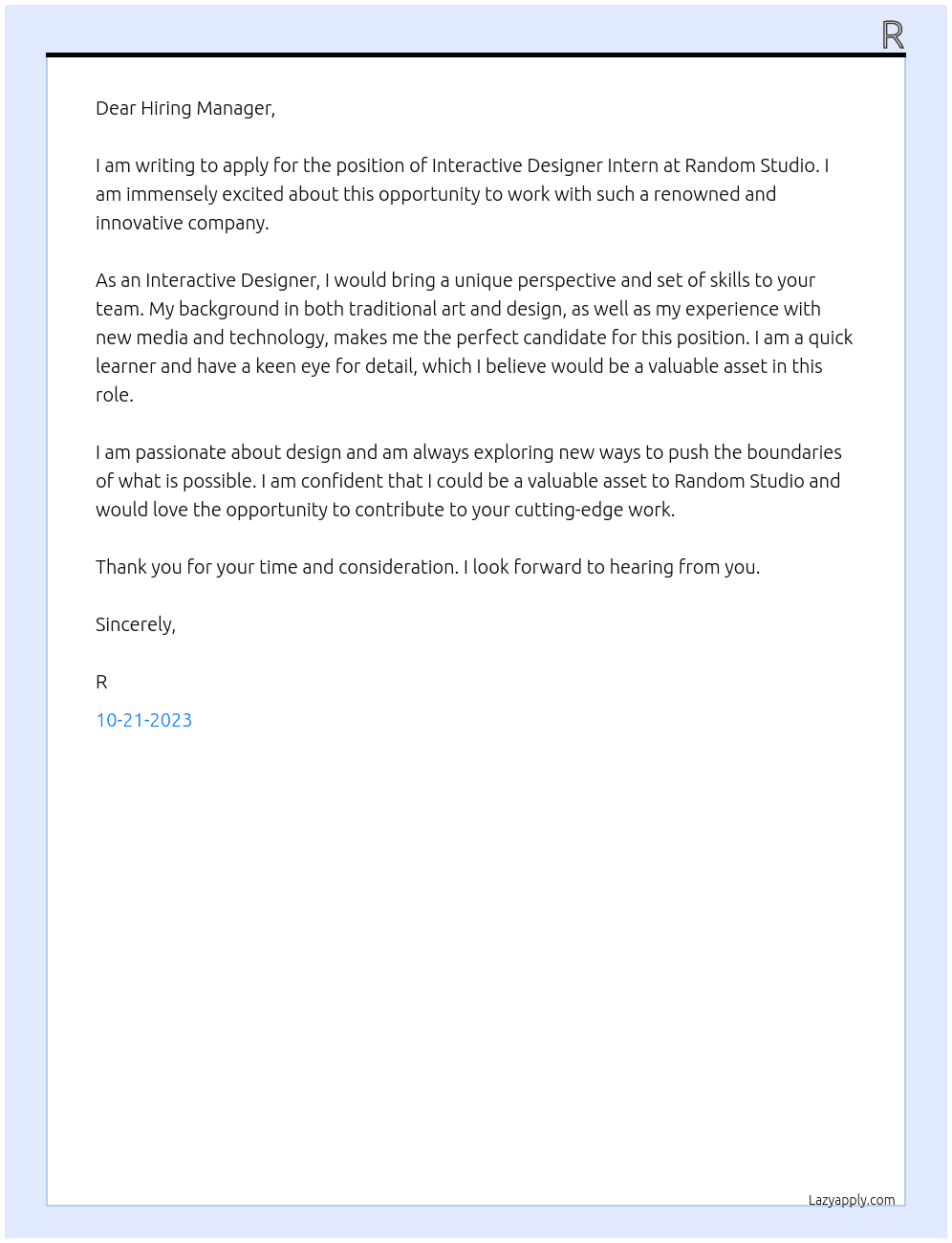 Interactive designer intern At Random Studio Cover Letter