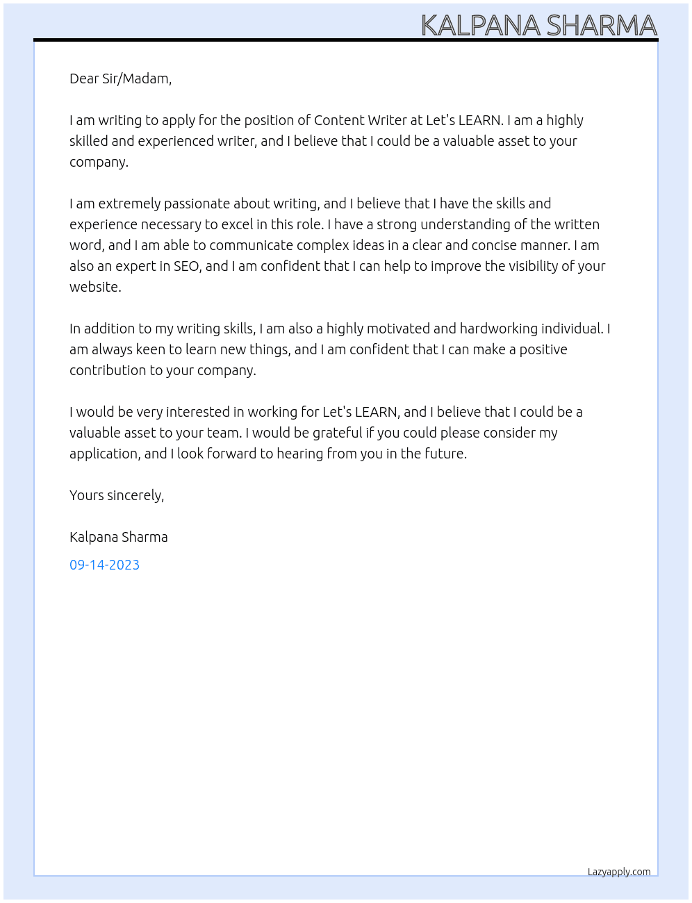 content writer At Let's LEARN Cover Letter
