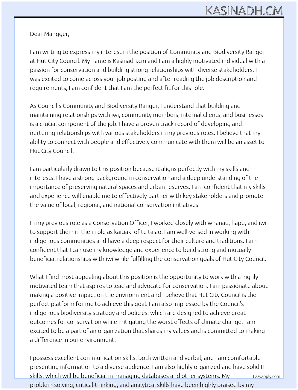 Community and Biodiversity Ranger At Hut City Council Cover Letter