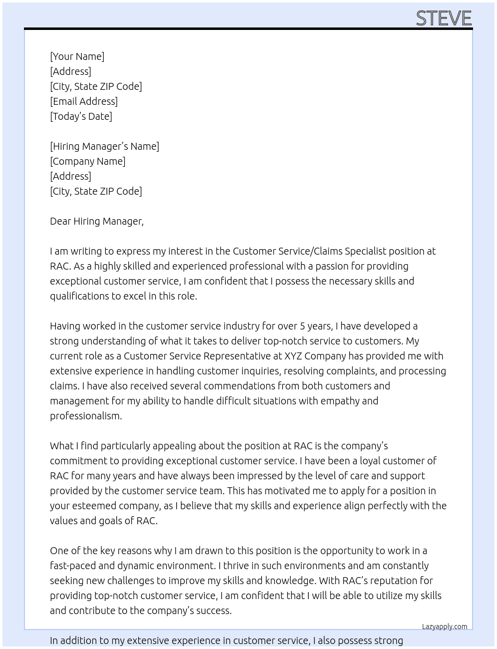 Customer service / Claims Specialist At RAC Cover Letter