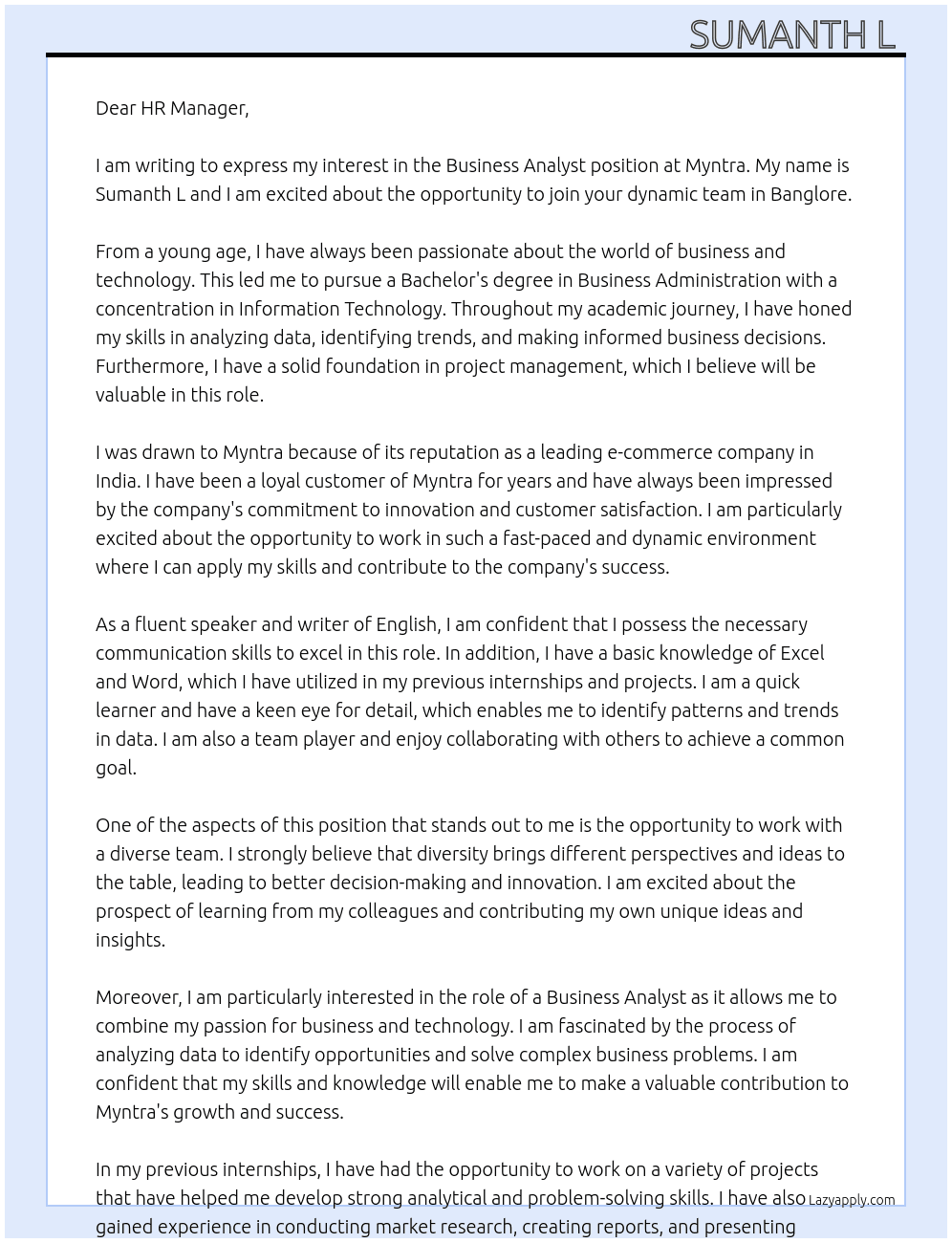 Business analysts  At Myntra  Cover Letter