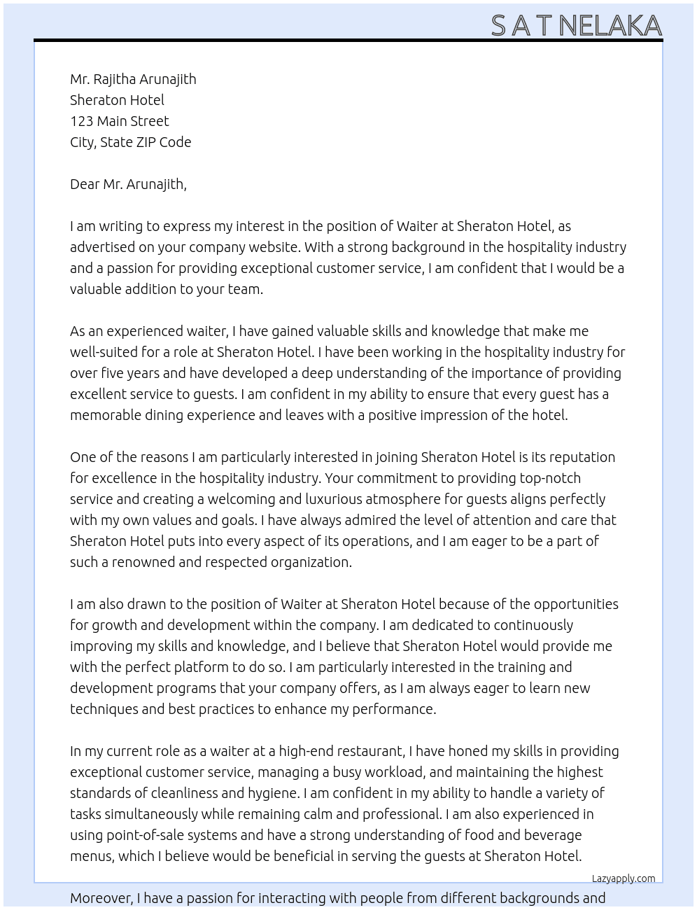 Waiter At Sheraton Hotel Cover Letter