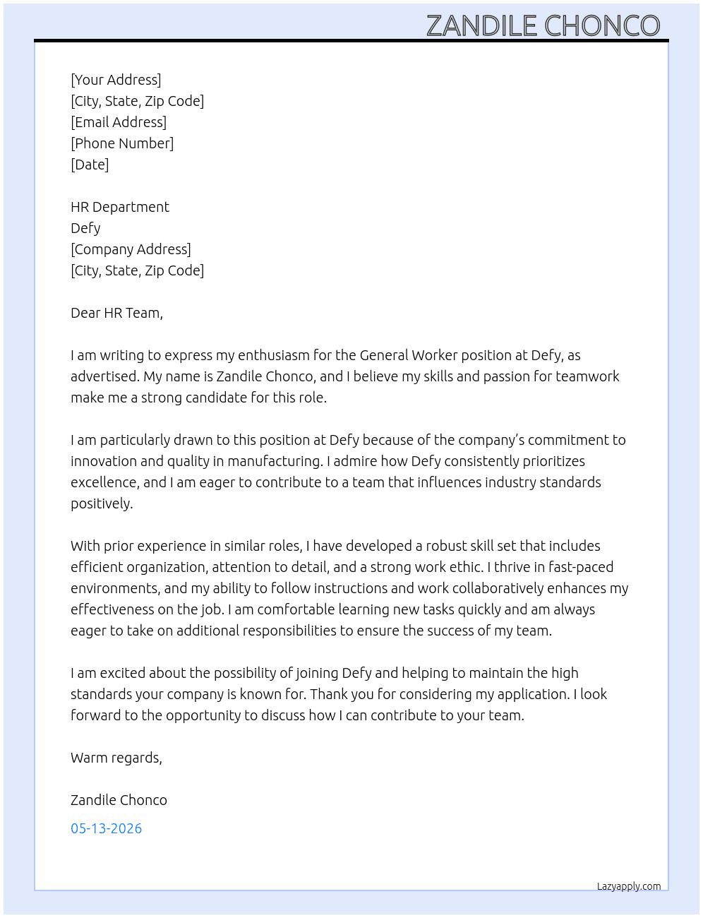 Defy generalworker At Defy Cover Letter