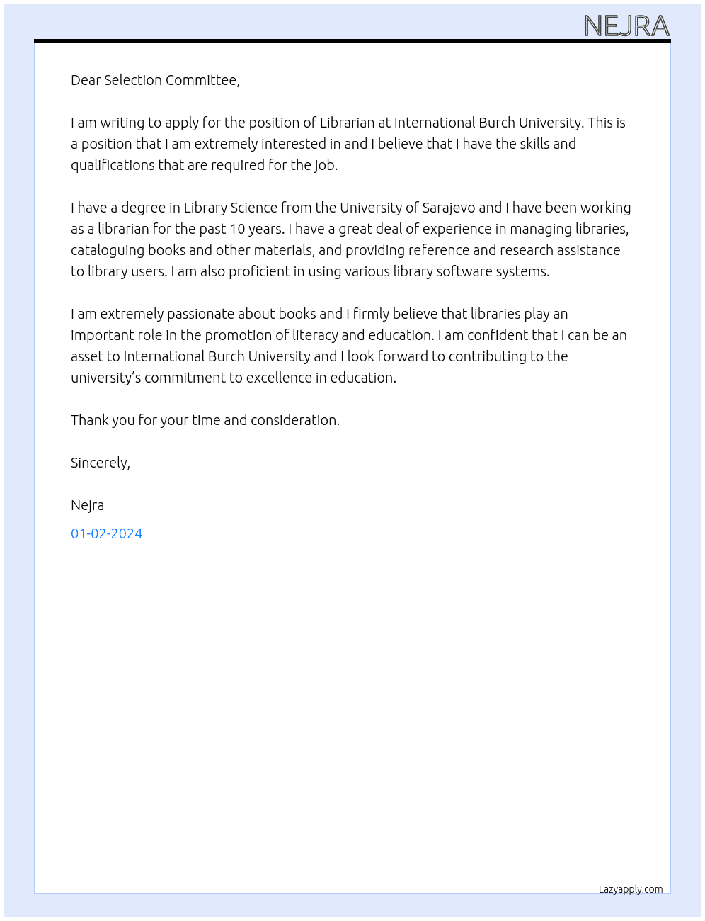 Librarian At International Burch University Cover Letter