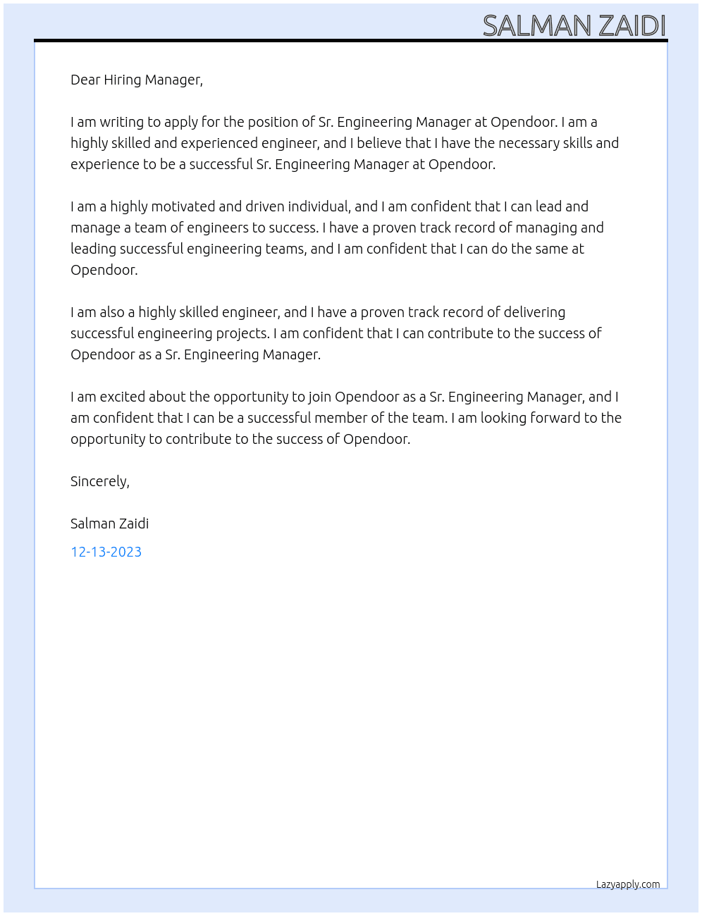 Sr. Engineering Manager At Opendoor Cover Letter