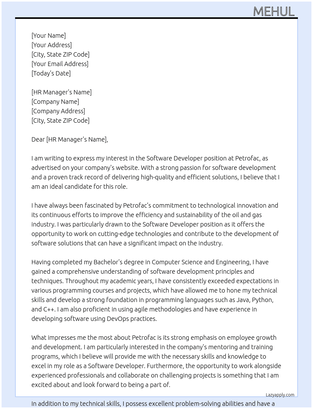 Software Developer  At Petrofac Cover Letter