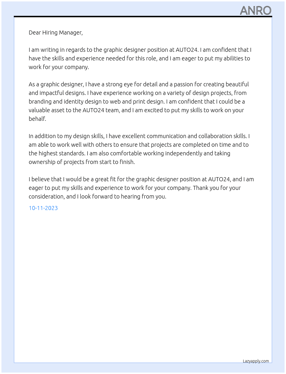 Graphic designer At AUTO24 Cover Letter
