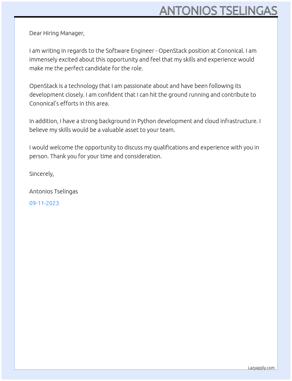 Software Engineer - OpenStack At Cononical Cover Letter
