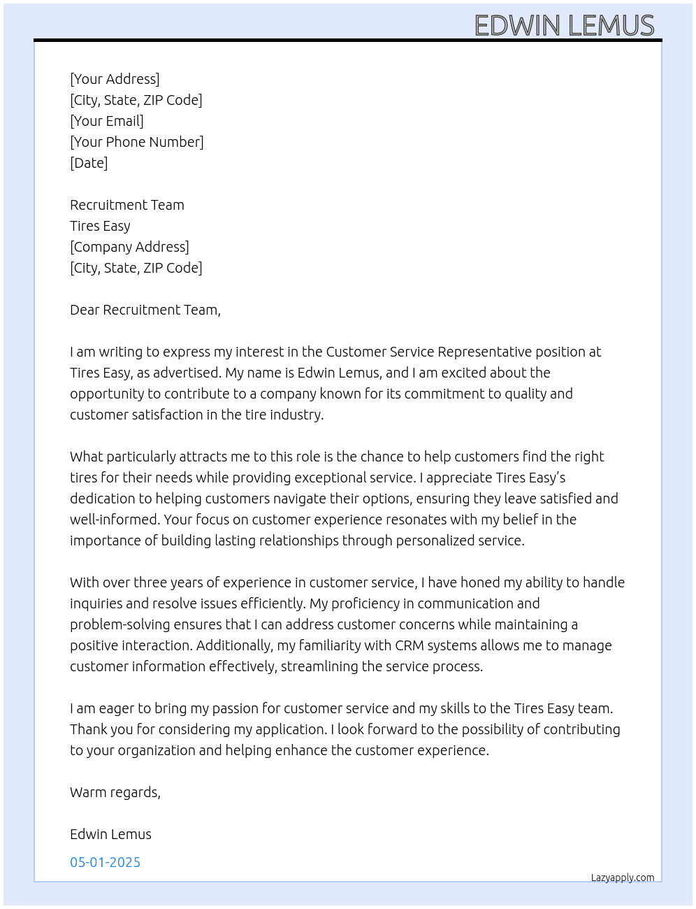 Customer Service Representative  At Tires Easy  Cover Letter