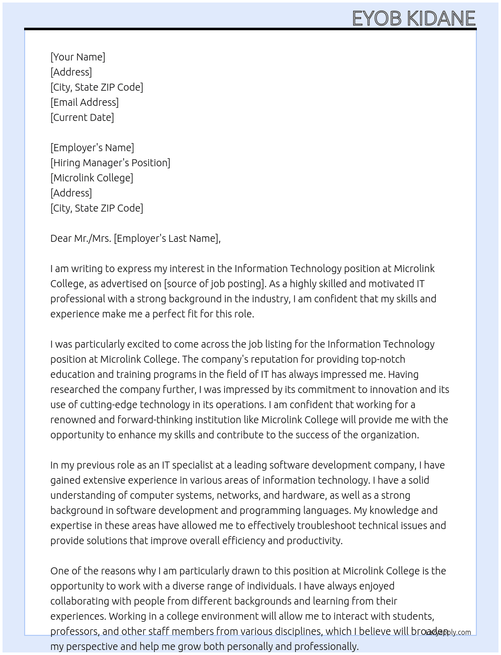 Information technology  At Microlink college  Cover Letter