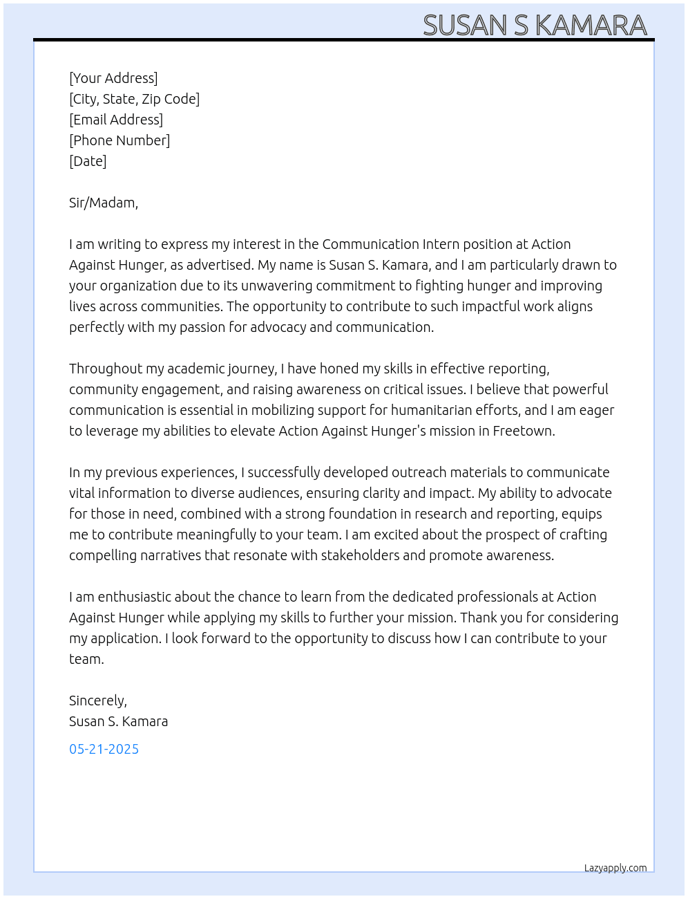 Communication Intern  At Action Against Hunger Cover Letter