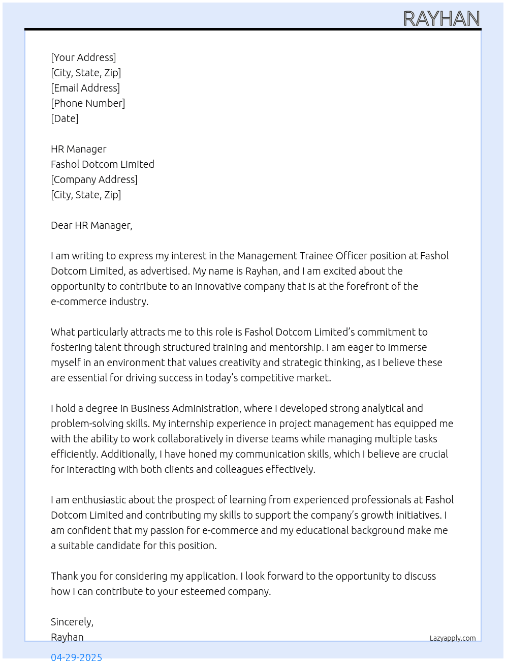 Management Trainee Officer At Fashol Dotcom Limited Cover Letter