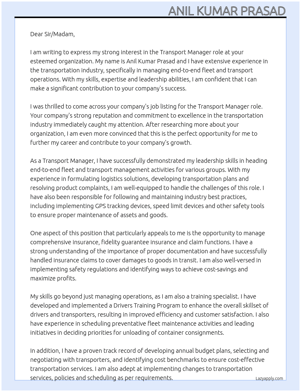 Transport manager At NA Cover Letter
