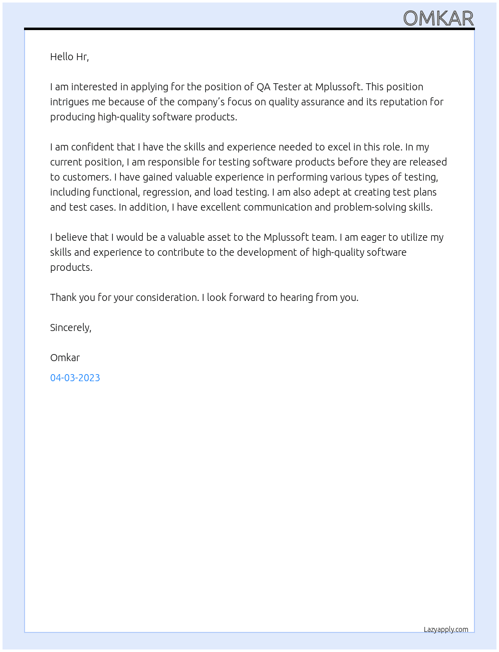 QA Tester At Mplussoft Cover Letter