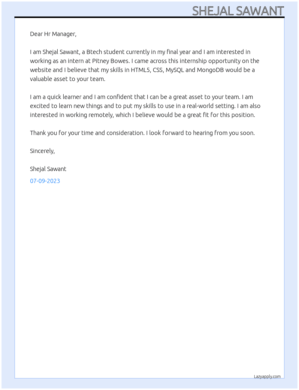 B tech intern  At Pitney Bowes  Cover Letter