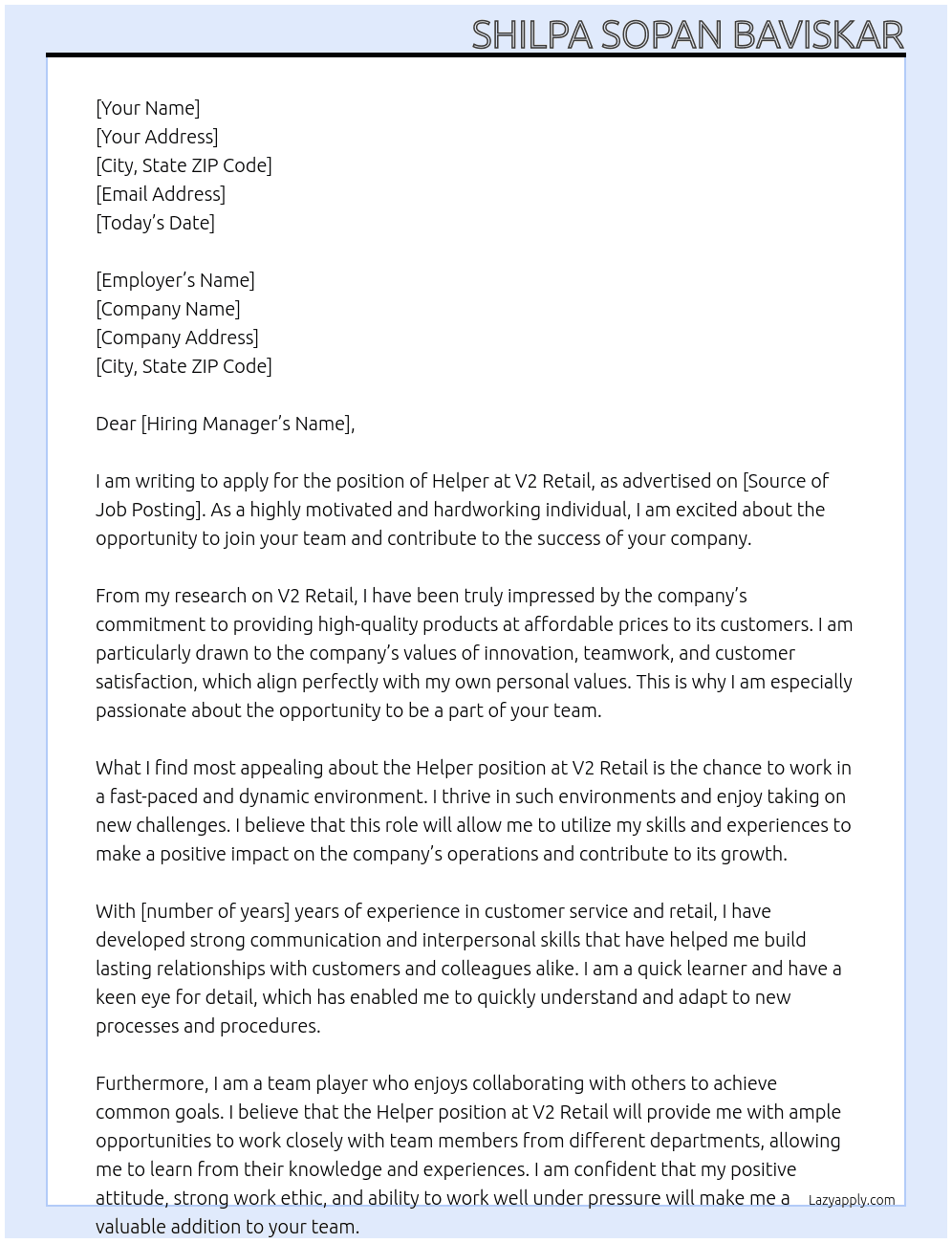 Helper  At V2 retail  Cover Letter