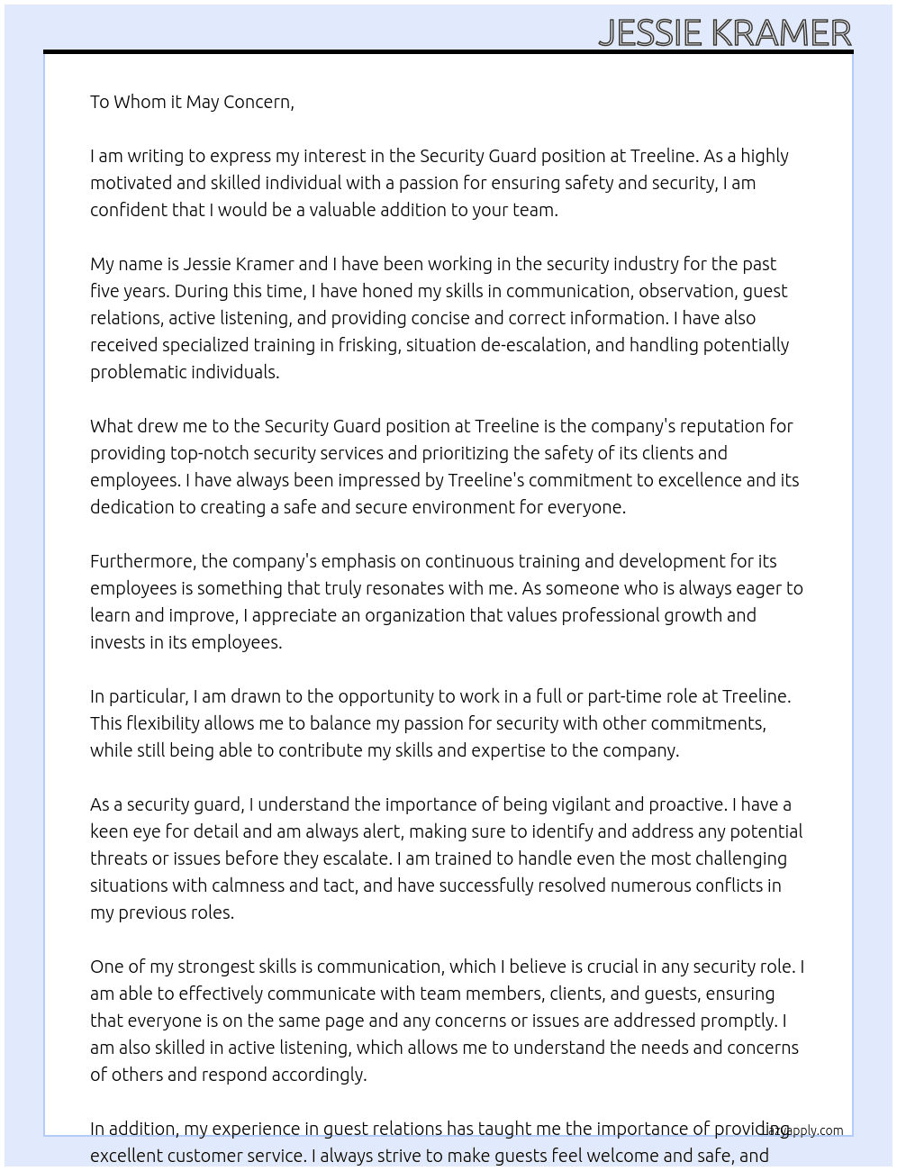 Security Guard At Treeline Cover Letter