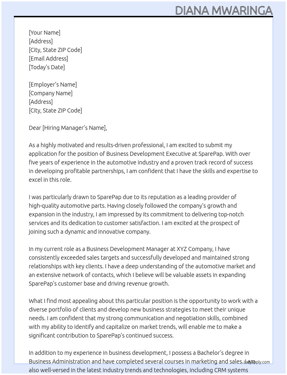 Business Development Executive- Automotive parts At SparePap Cover Letter