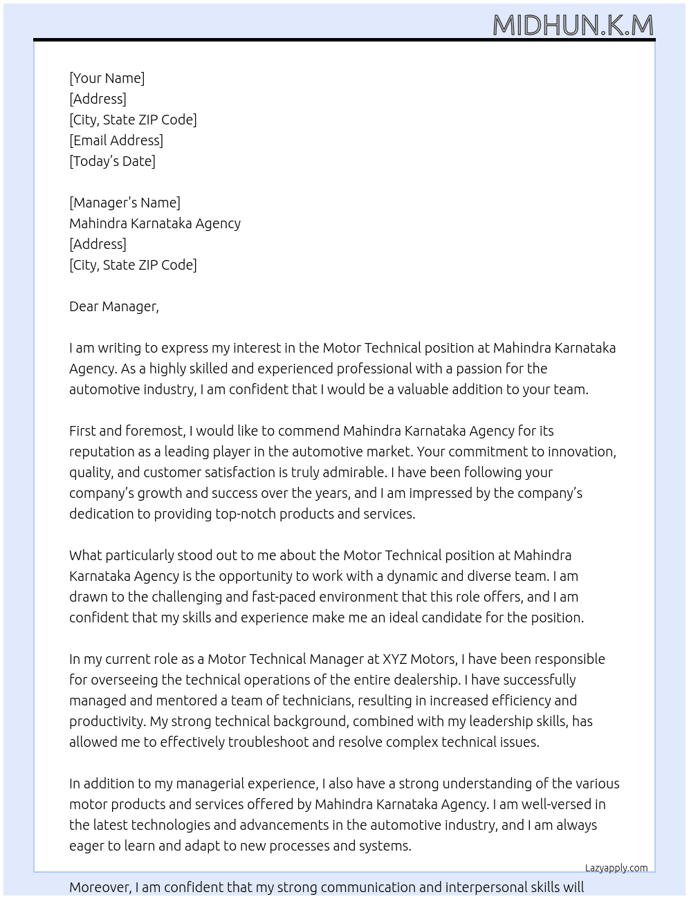 Motor Technical At Mahindra Karnataka Agency Cover Letter
