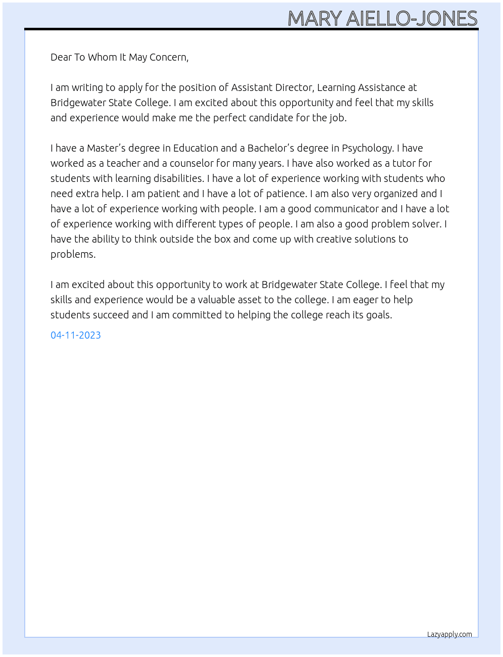 Assistant Director, Learning Assistance At Bridgewater STate College Cover Letter