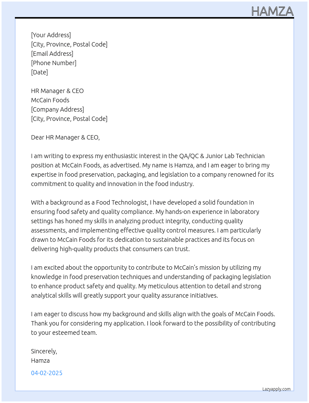 QA/QC & Junior Lab Technician  At McCain Foods  Cover Letter