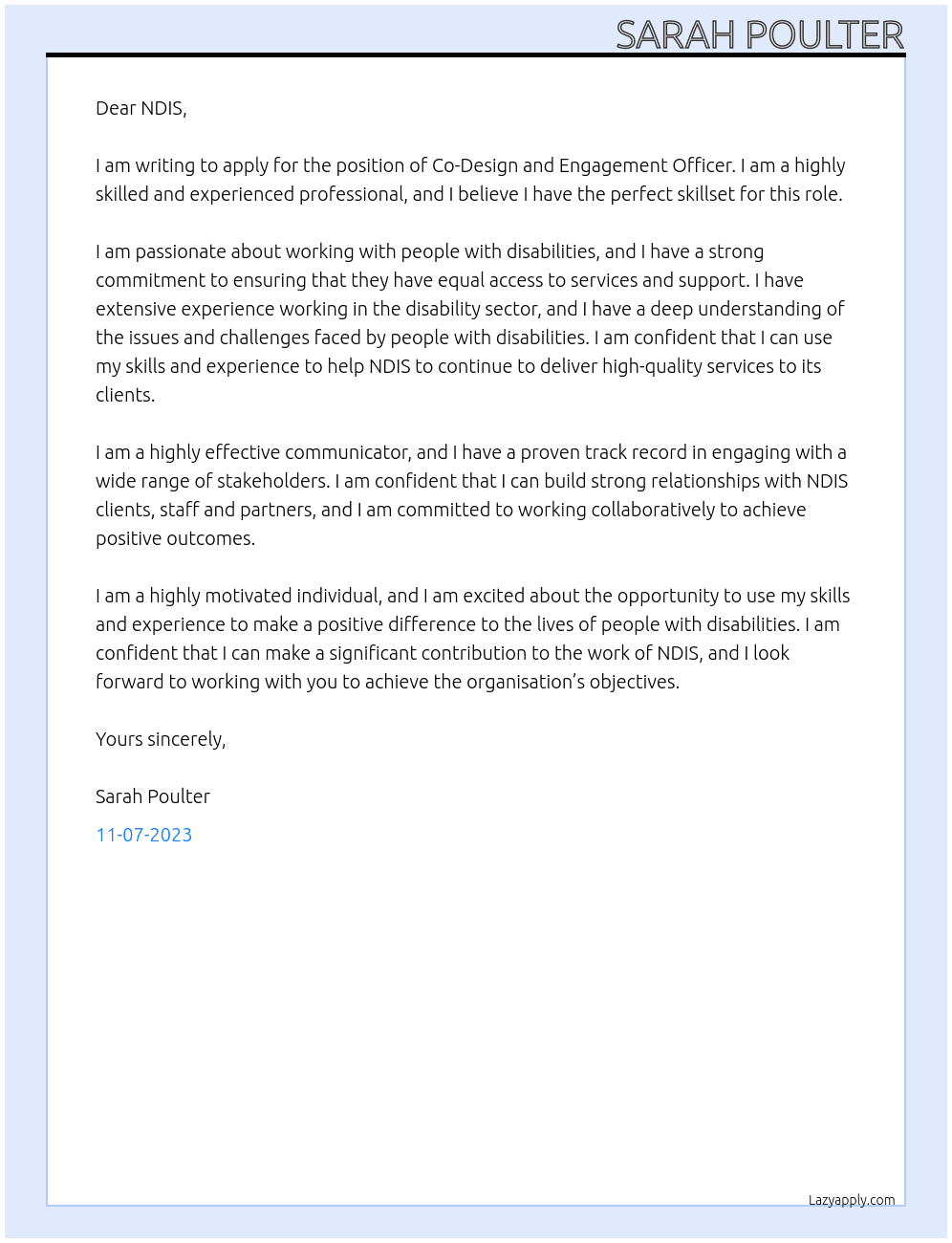 Co-Design and Engagement Officer At NDIS Cover Letter