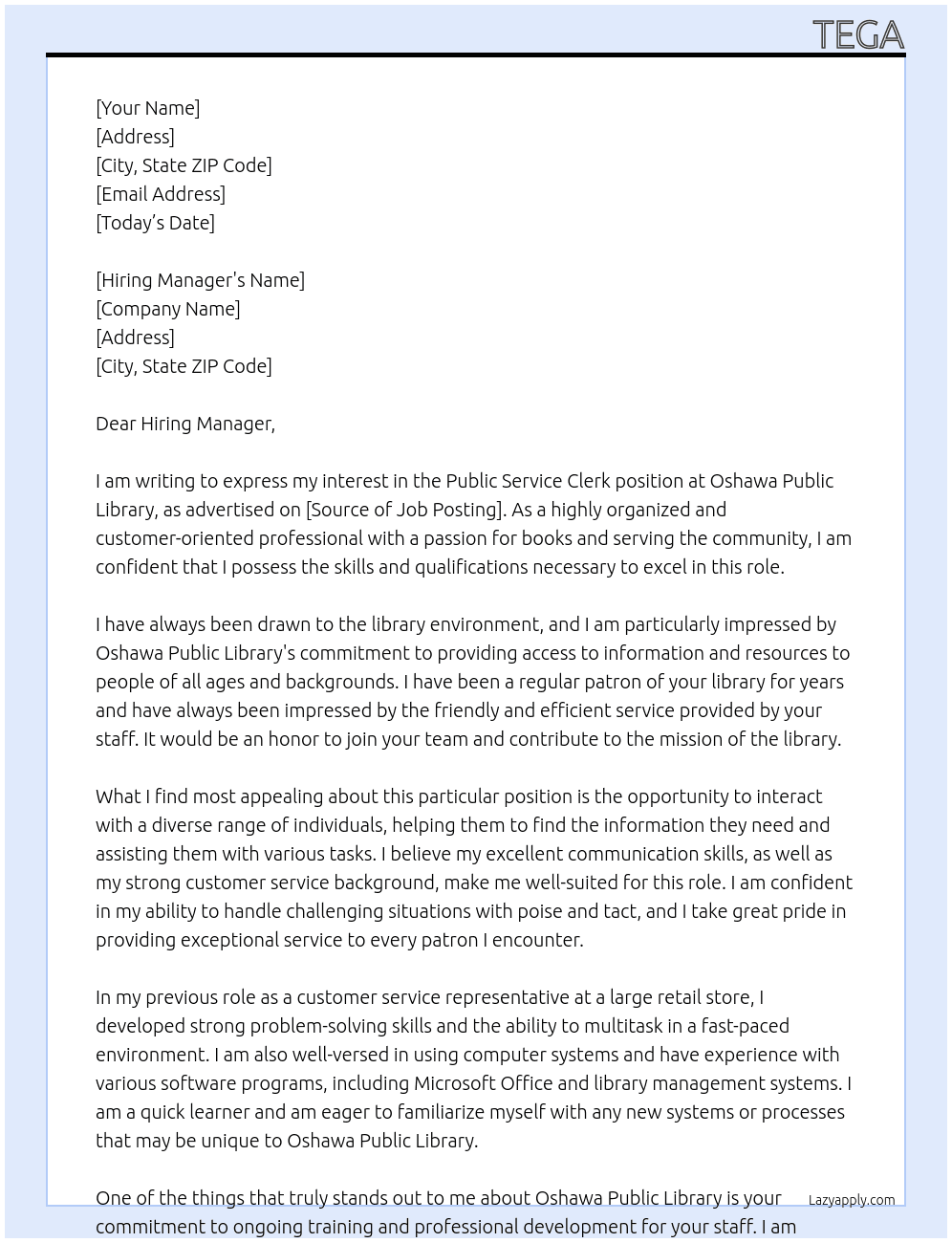 Public Service Clerk At Oshawa Public Library Cover Letter