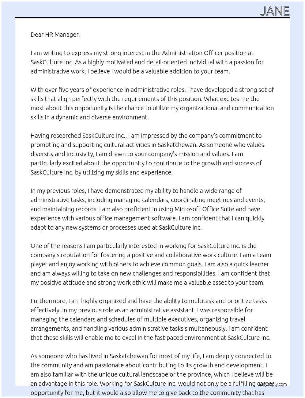 Administration Officer At SaskCulture Inc. Cover Letter