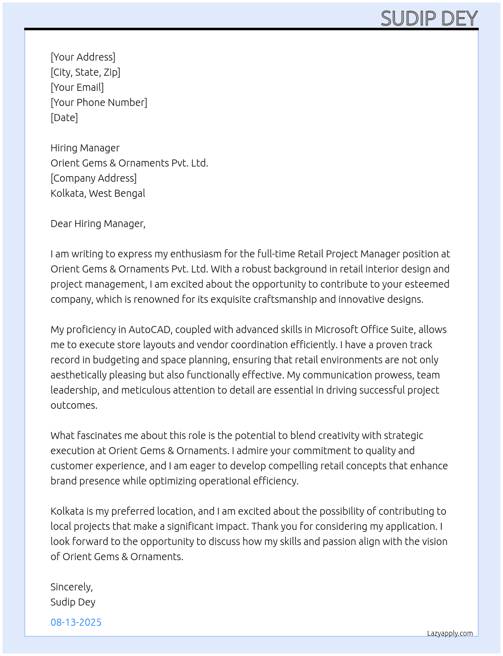retail  At Orient Gems & Ornaments Pvt. Ltd Cover Letter