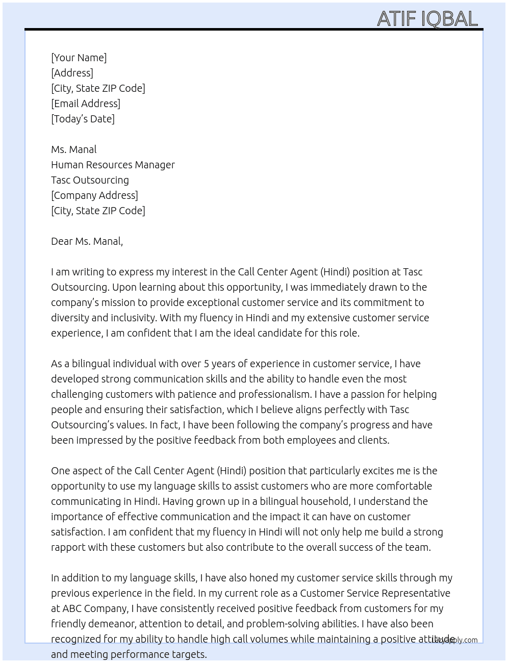 Call Center Agent (Hindi) At Tasc Outsourcing  Cover Letter