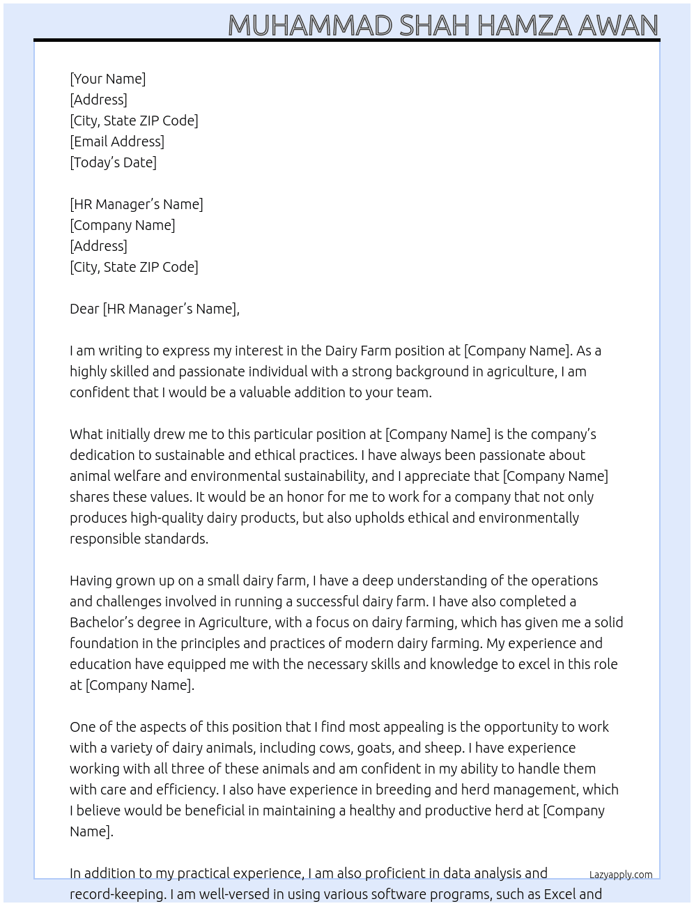 dairy farm At Dairy farm Cover Letter