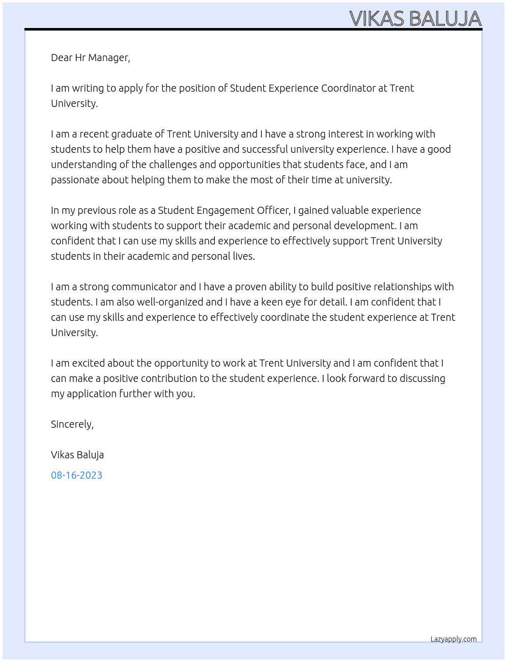 Student Experience Coordinator At Trent University Cover Letter