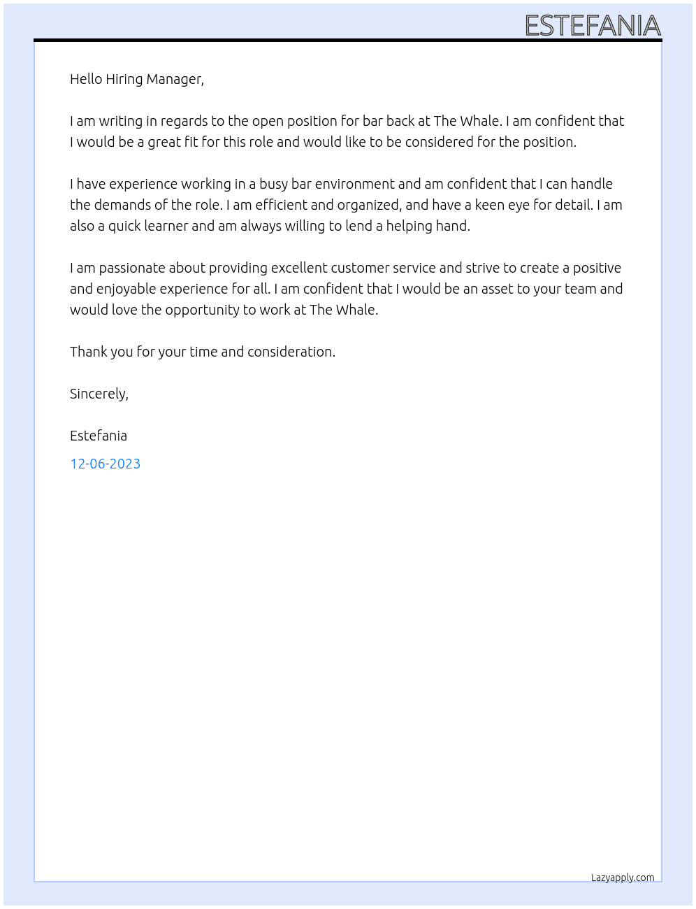 Bar back  At The Whale Cover Letter