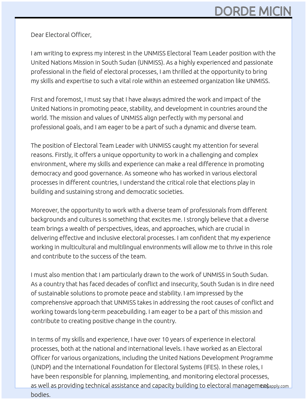 UNMISS Electoral Team Leader At UNMISS Cover Letter