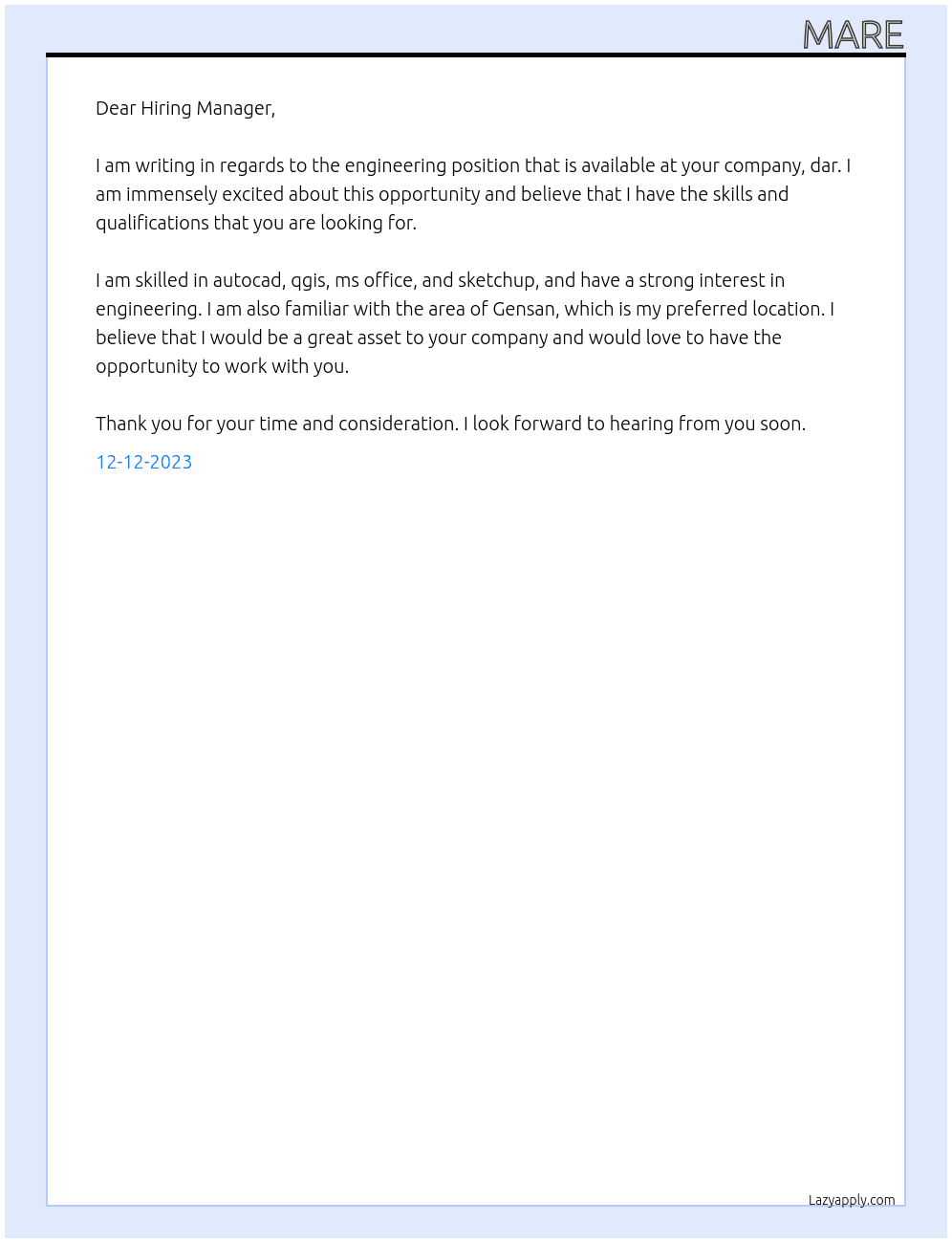 engineer At dar  Cover Letter