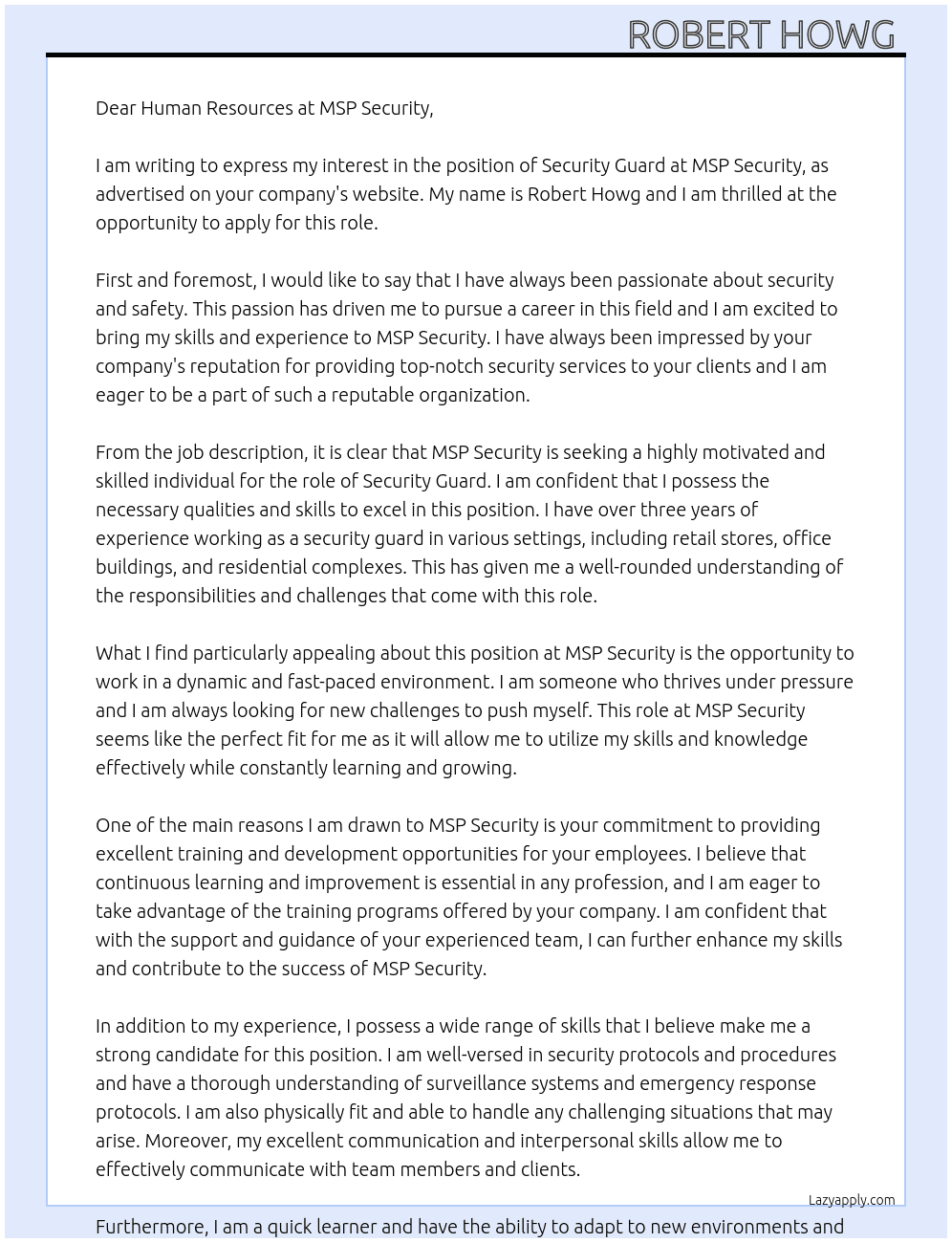 security guard At msp security  Cover Letter