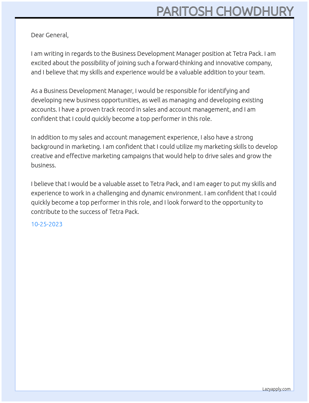 Business develeopment manager  At Tetra Pack Cover Letter