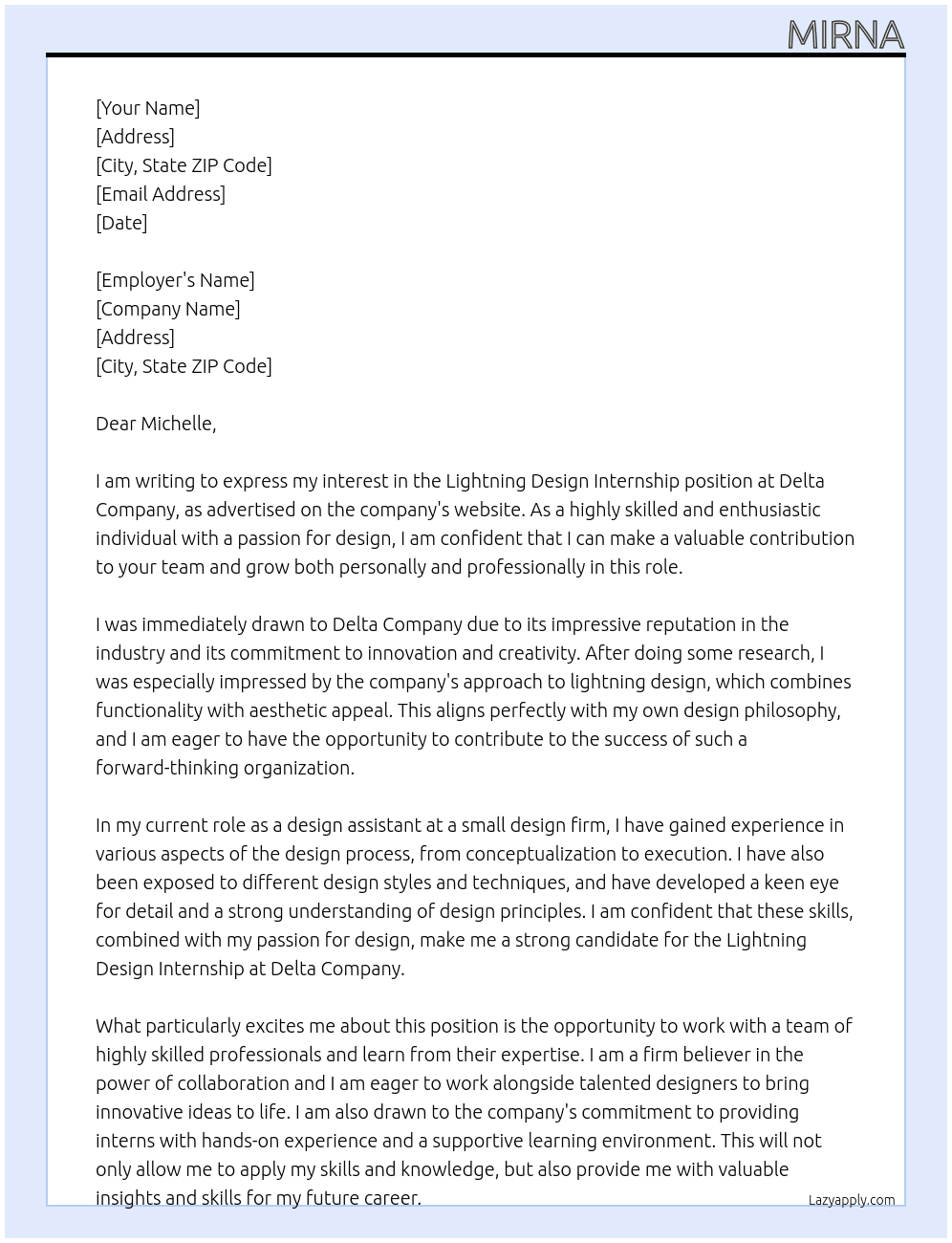 Lightning design internship At Delta company Cover Letter
