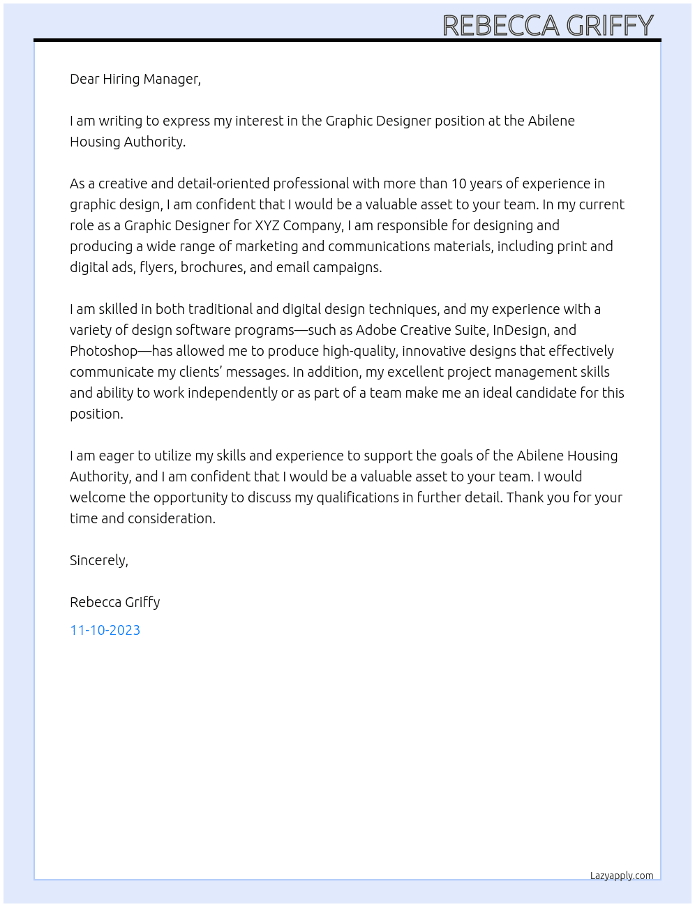 Graphic designer At Abilene Housing Authority Cover Letter