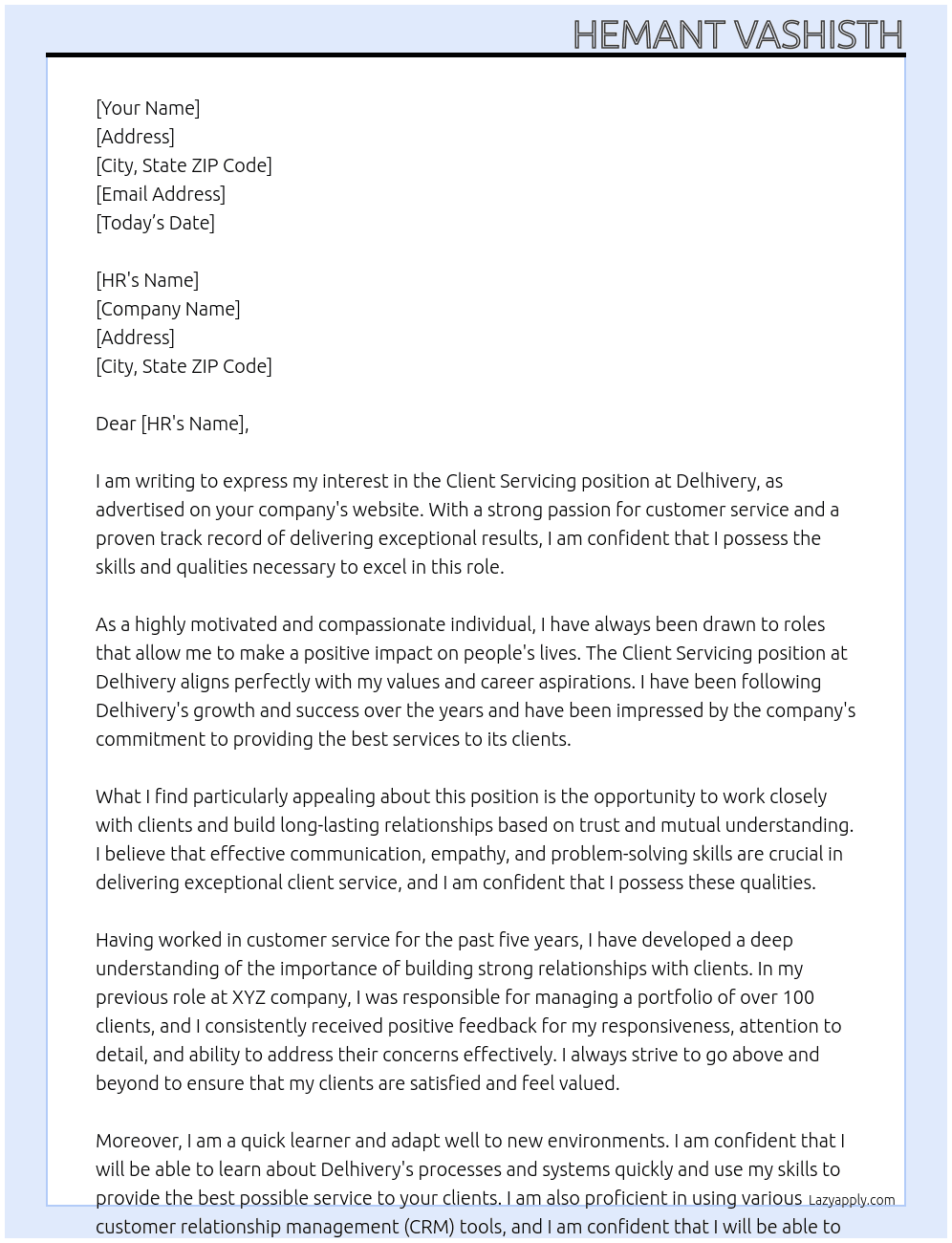 Client servicing At Delhivery Cover Letter