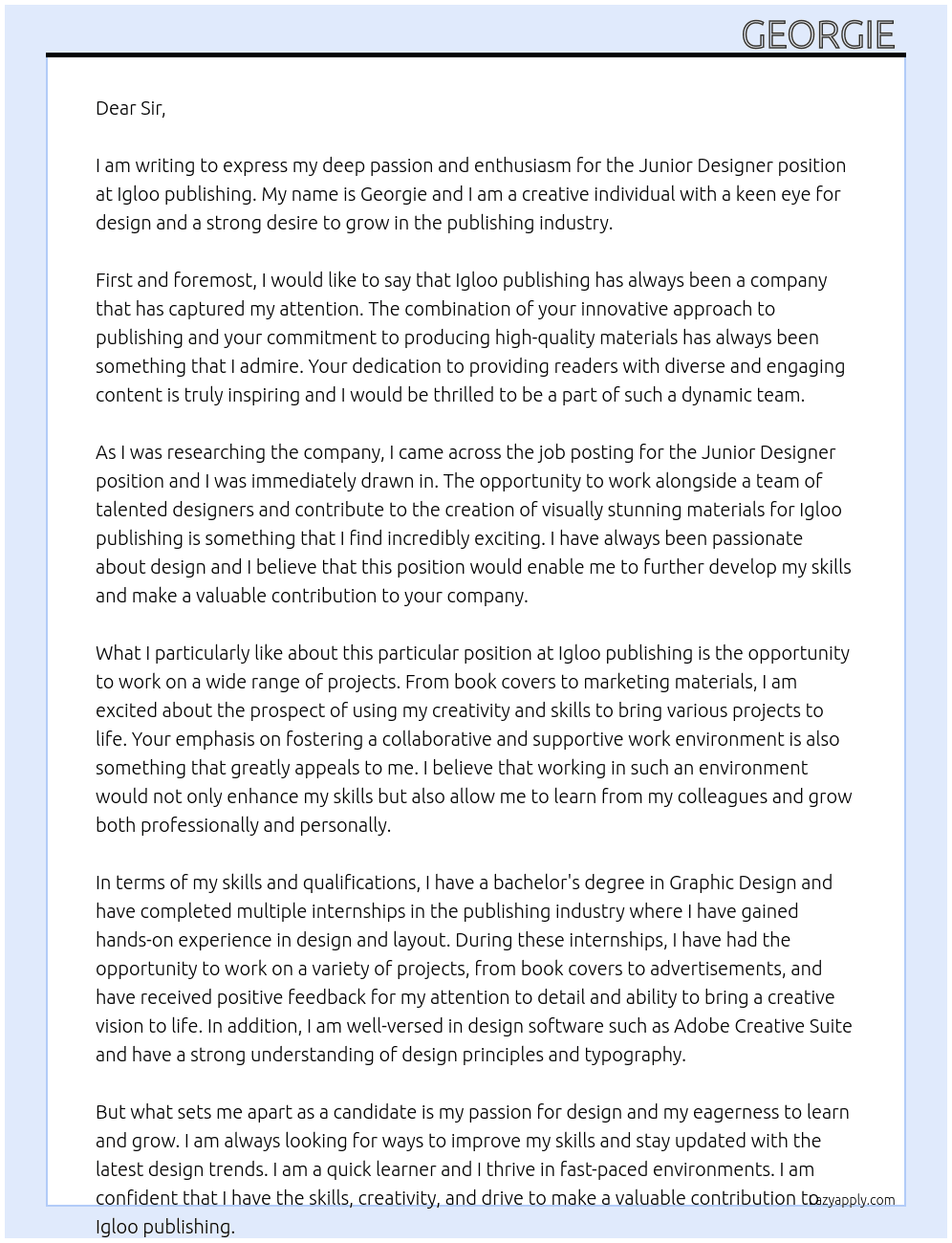 Junior Designer At Igloo publishing Cover Letter